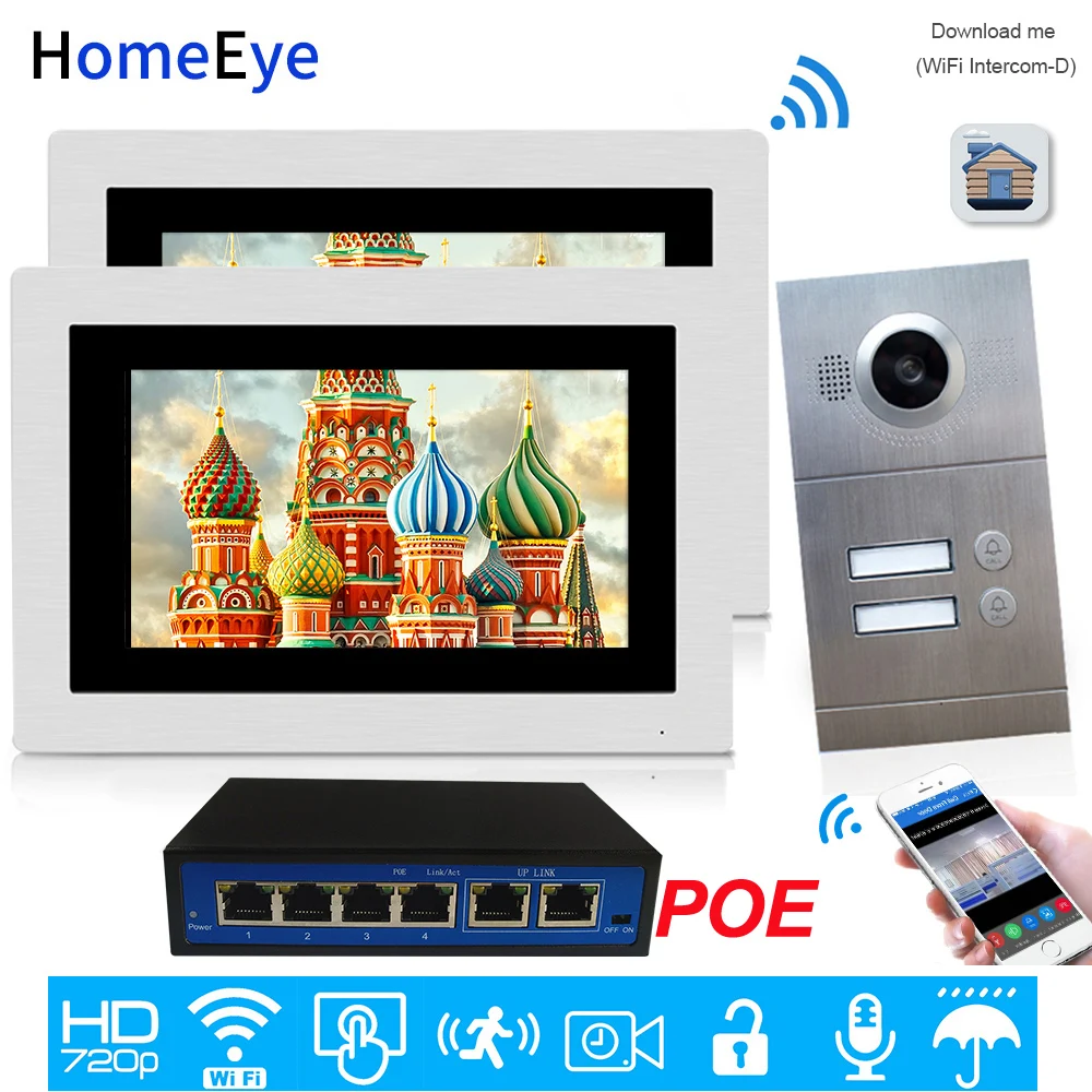 

720P WiFi IP Video Door Phone Video Intercom 2-Apartments Door Access Control System iOS/Android APP Remote Unlock POE Supported