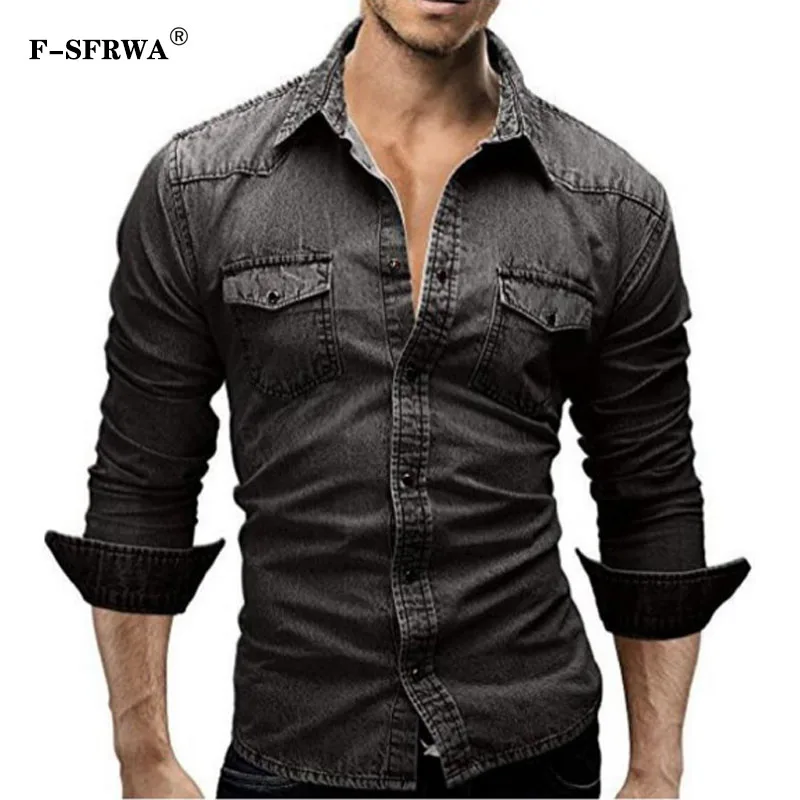 F-SFRWA Для мужчин рубашка Марка 2019 Мужская рубашка с длинными рукавами Повседневное Винтаж одноцветное Цвет джинсовая ткань, зауженный крой