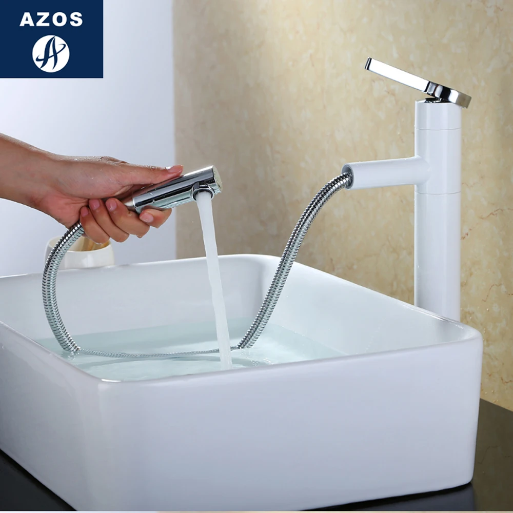 

Modern Bathroom Faucet Pull Out Single Handle Swivel Spout Vessel Sink Mixer Tap Nickel White 2 Sizes CLMP018Z