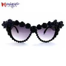 Женские солнцезащитные очки в стиле барокко, модные чёрные цветы, Ретро стиль, солнцезащитные очки "кошачий глаз" для девушек, брендовые дизайнерские солнцезащитные очки больших размеров