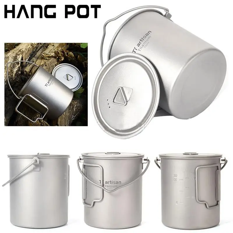 750 ml Titanium taza de agua taza de viaje Camping al aire libre Pot cocinar Picnic cuelgue olla