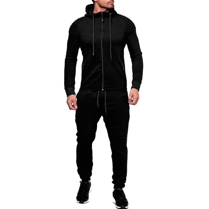 Бренд ZOGAA, мужской спортивный костюм, спортивные комплекты, 2 предмета, толстовки, свитшоты с брюками, повседневный однотонный мужской спортивный костюм, спортивная одежда - Цвет: Черный
