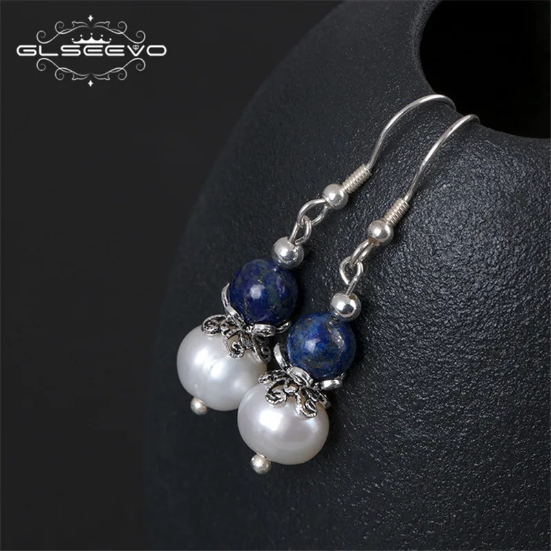 

XlentAg 925 Sterling Silver Lapis Lazuli Drop Earrings Women Original Handmade Vintage Natural Freshwater Pearl Earrings GE0345