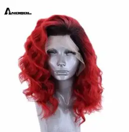 black rooted red Anogol Высокая температура волокна короткие свободные пляжные волны черные корни Омбре красный боб синтетический парик фронта шнурка часть для женщин - Цвет: black rooted red