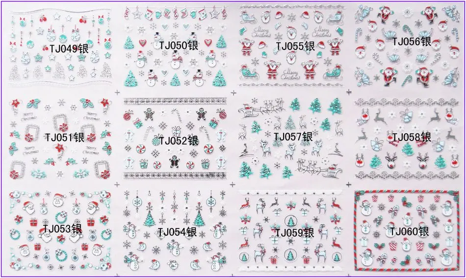 12 листов в партии, золотистые и Серебристые 3D металлические наклейки INAID для ногтей, самоклеющиеся наклейки на Рождество, Рождество, Санта, олень, снеговик, TJ49-60