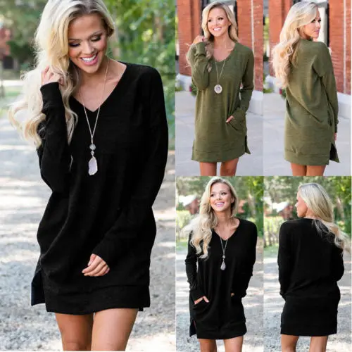 

Women Loose V-Neck Pullover Long Sleeve Pocket Solid Mini Straight Dress Cotton Clothes