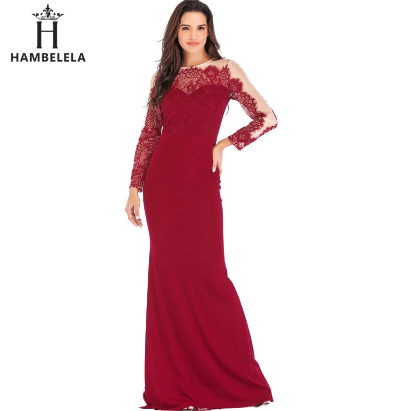 

HAMBELELA Winter Dress Women 2019 Sexy Long Sleeve Floral Lace Dress Elegant Maxi Evening Party Bridesmaids Dresses Female Dress