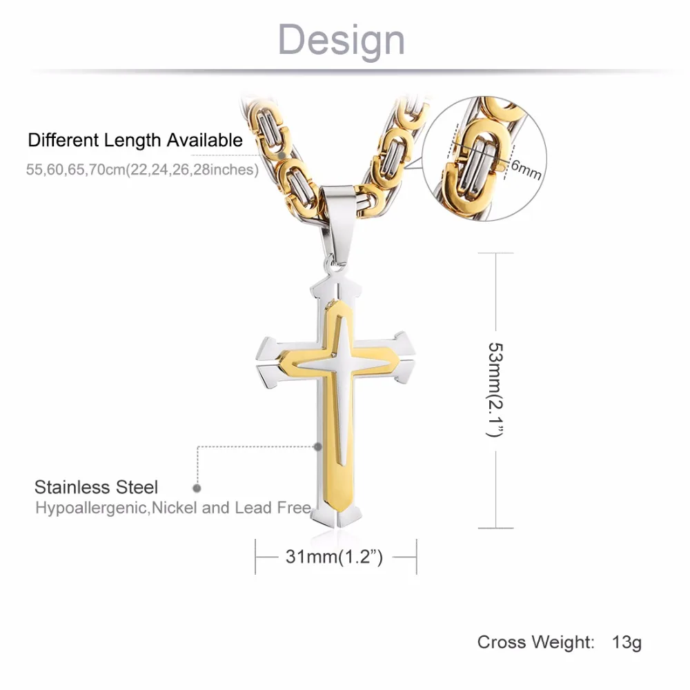 Ожерелье с кулоном из нержавеющей стали, 3 слоя, Рыцарский крест, золотой, серебряный тон, сильная Византийская цепь, мужская мода, ювелирное изделие, подарок для папы