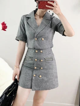 

women's skirt set fashion women's Slim skirt suit set female skirt suits gray Blazers suit jacket & shorts skirt 2 piece set
