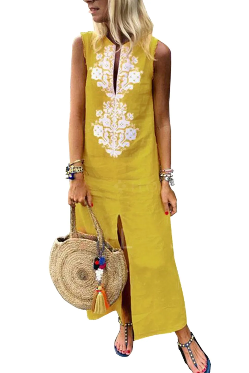 Yellow-Sleeveless-Casual-Slit-Geometric-Summer-Dress-LC611109-7-1