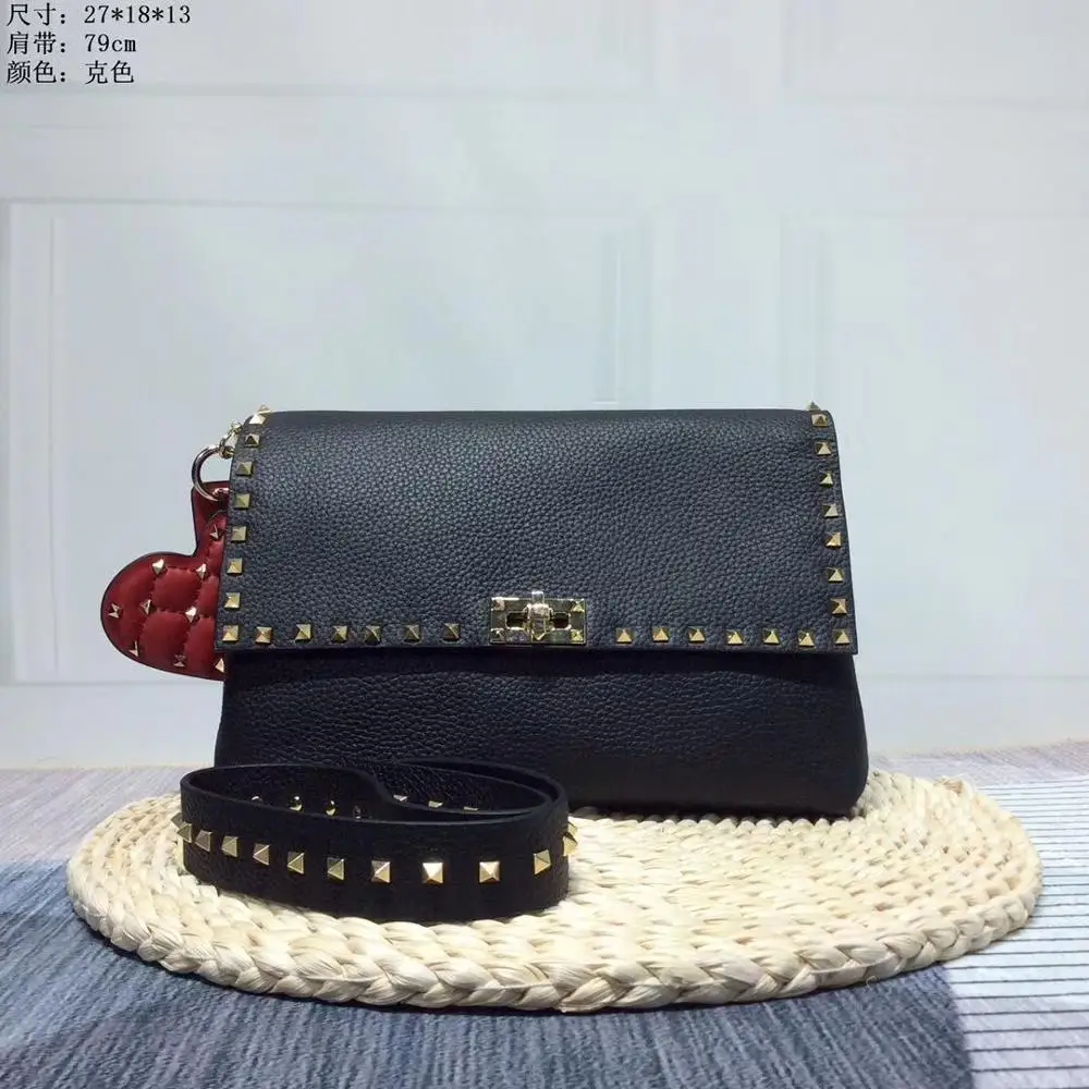 

free shipping 2019 the new style genuine cow leahther litchi grain rivet fashion shoulder bag wide belt women soft-touching bag