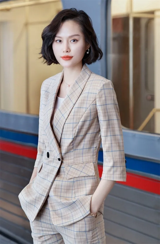 Novelty Apricot High Quality Fabric Uniform Designs Women Pantsuits Jackets And Pants For Ladies Blazers Pants Suits With Belt