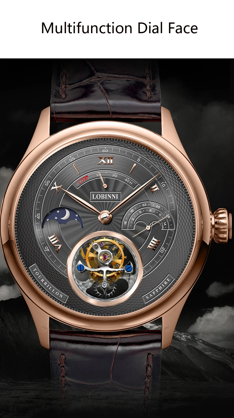Швейцария LOBINNI люксовый бренд часы Мужчины турбийонные автоматические механические мужские часы сапфир водостойкие часы L8885-4