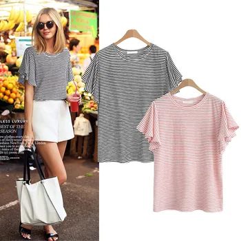 

High quality summer new striped butterfly short sleeve T-shirt women cotton fashion designer office lady female tees plus size