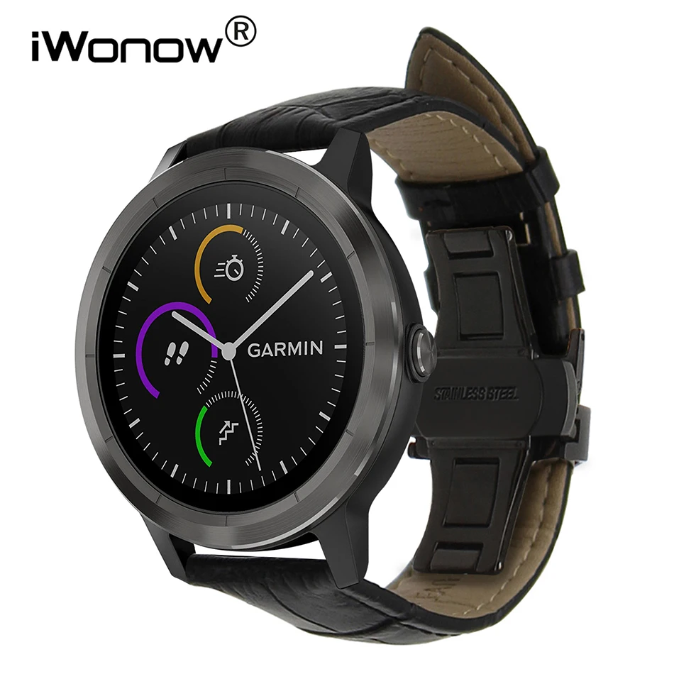 

Genuine Leather Watchband +Tool for Garmin Vivoactive3 Vivomove Watch Band Steel Butterfly Clasp Strap Wrist Belt Bracelet Black