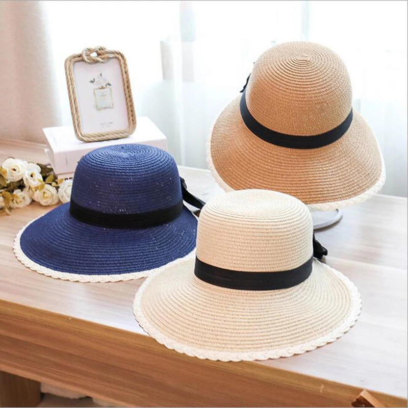 

SUOGRY New Fashion Flat Sun Hat Women's Summer bow Straw Hats For Women Beach Headwear chapeau femme Gift