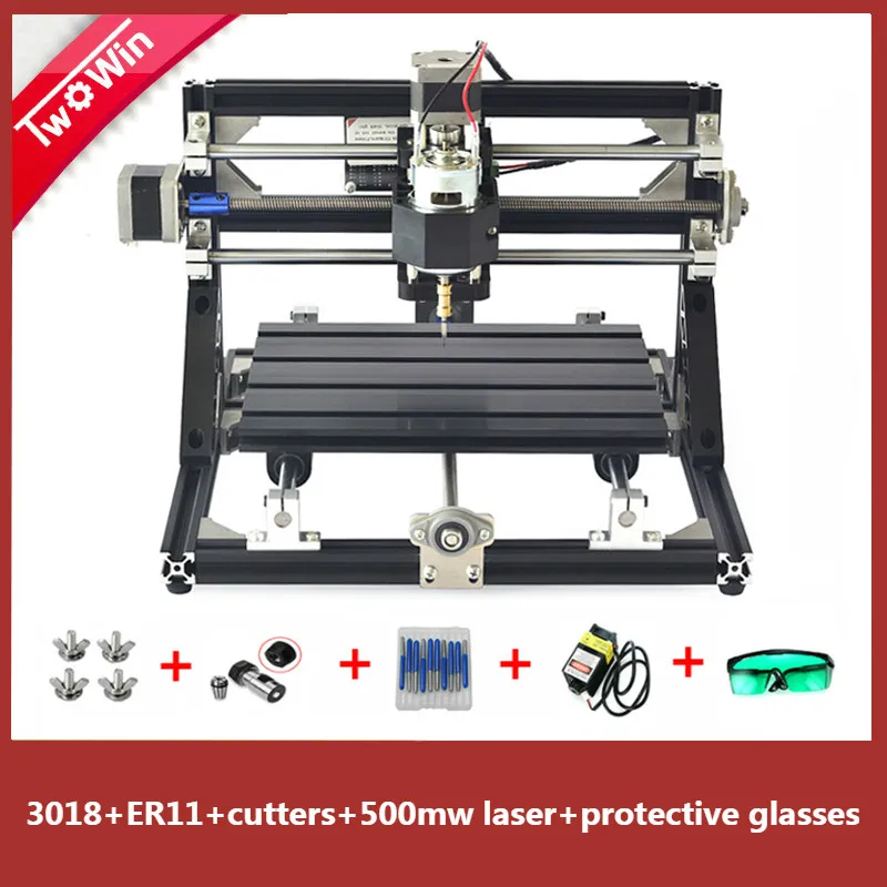 Новинка 3018 с ER11 Diy мини лазерный гравировальный станок с чпу наборы 3 оси акрил Pcb ПВХ фрезерный станок древесины маршрутизатор GRBL управления - Цвет: with 500mw Laser