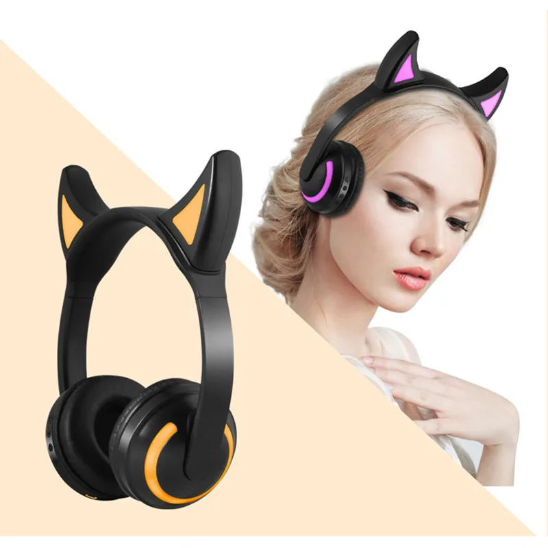 

JQAIQ Cat Ear Headset Bluetooth Stereo Flashing Glowing Cat Wireless Headphones Gaming Headset 7 Colors Led Light