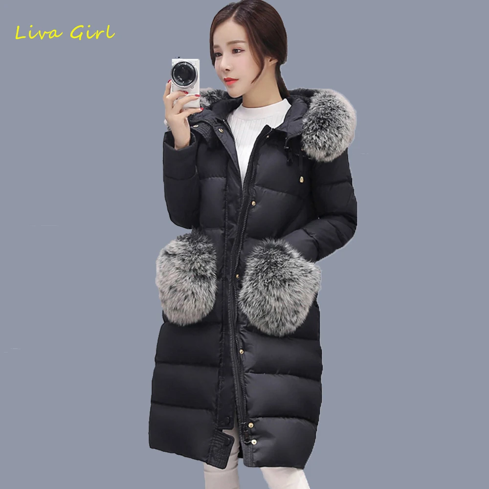 

LIVA GIRL Winter Jacket Women 2017 New Large Fur Collar Hooded Thick Coat Outwear Soild Color Slim Female Clothing Pocket WJN249