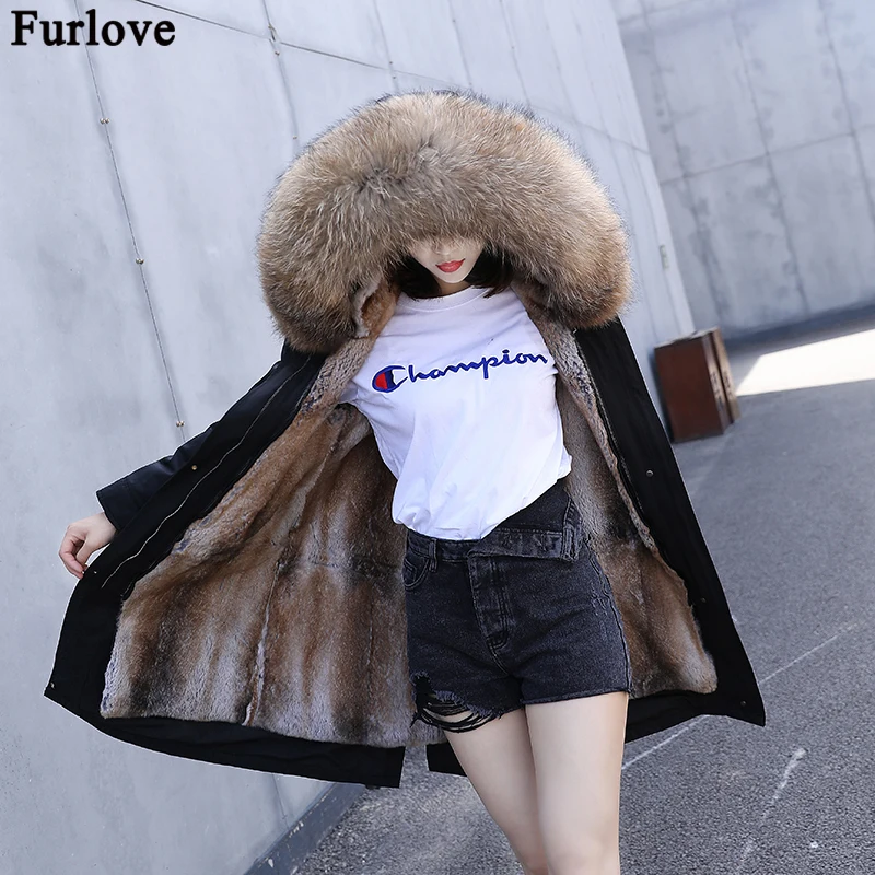 Furlove X-long Parka, зимняя куртка из водонепроницаемой ткани, Женское пальто с натуральным мехом, Воротник из натурального Лисьего меха, капюшон из кроличьего меха, съемная подкладка