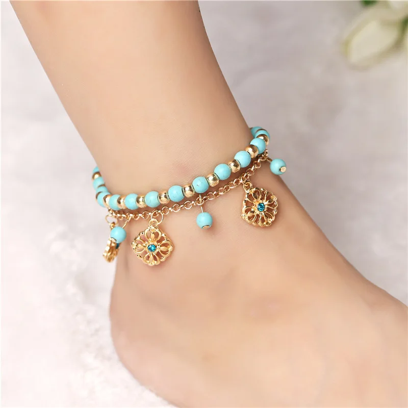 

2 Pcs Set Beads Flower Pendant Beach Anklets for Women Gold Color Sexy Boho Anklets Foot Chain Charm Jewelry Gift Drop Shipping