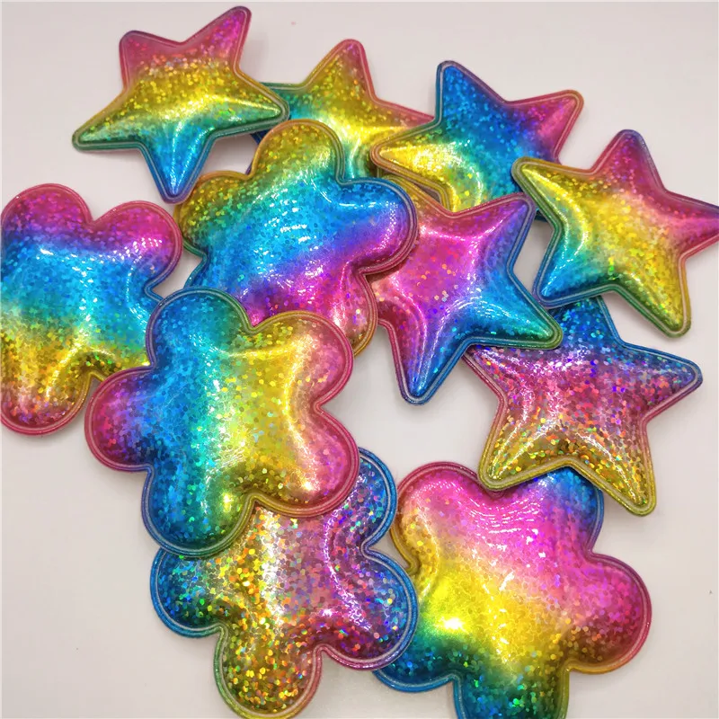 

6pcs/lot 6cm Shiny pu Star/flower Padded Applique for DIY Children headwear Accessories & DIY Craft Decoration