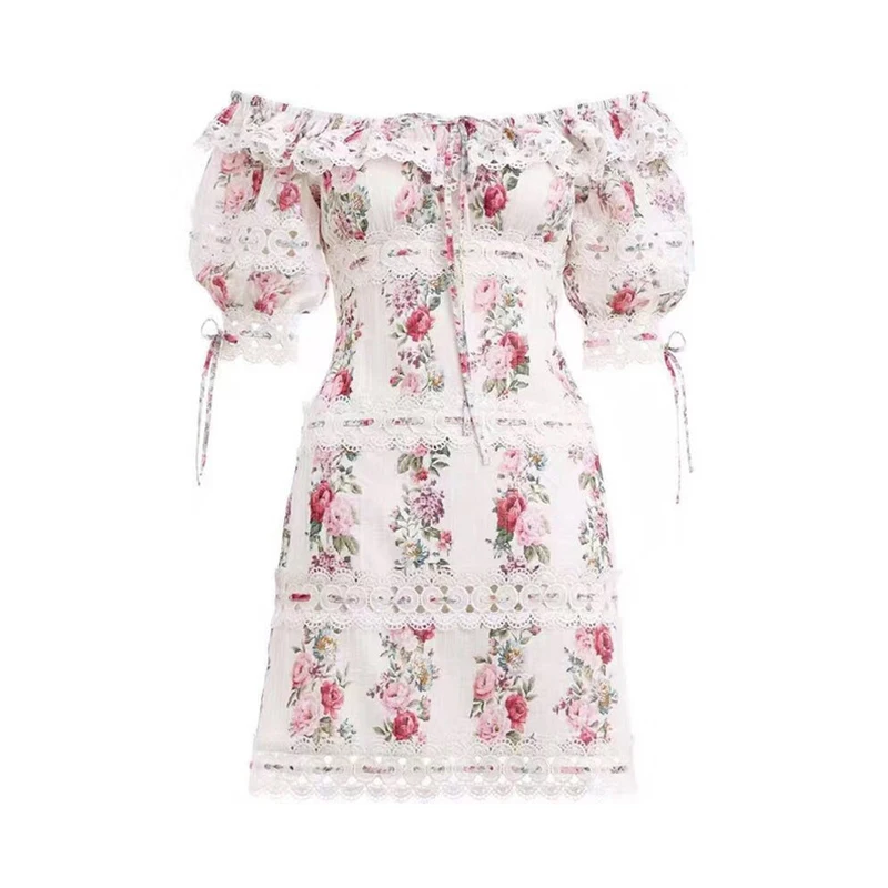 VGH Slash Neck Women Dress Off Shoulder Backless Half Puff Sleeve Ruffles Print A Line Female Dresses Fashion New Korean Summer - Цвет: as picture