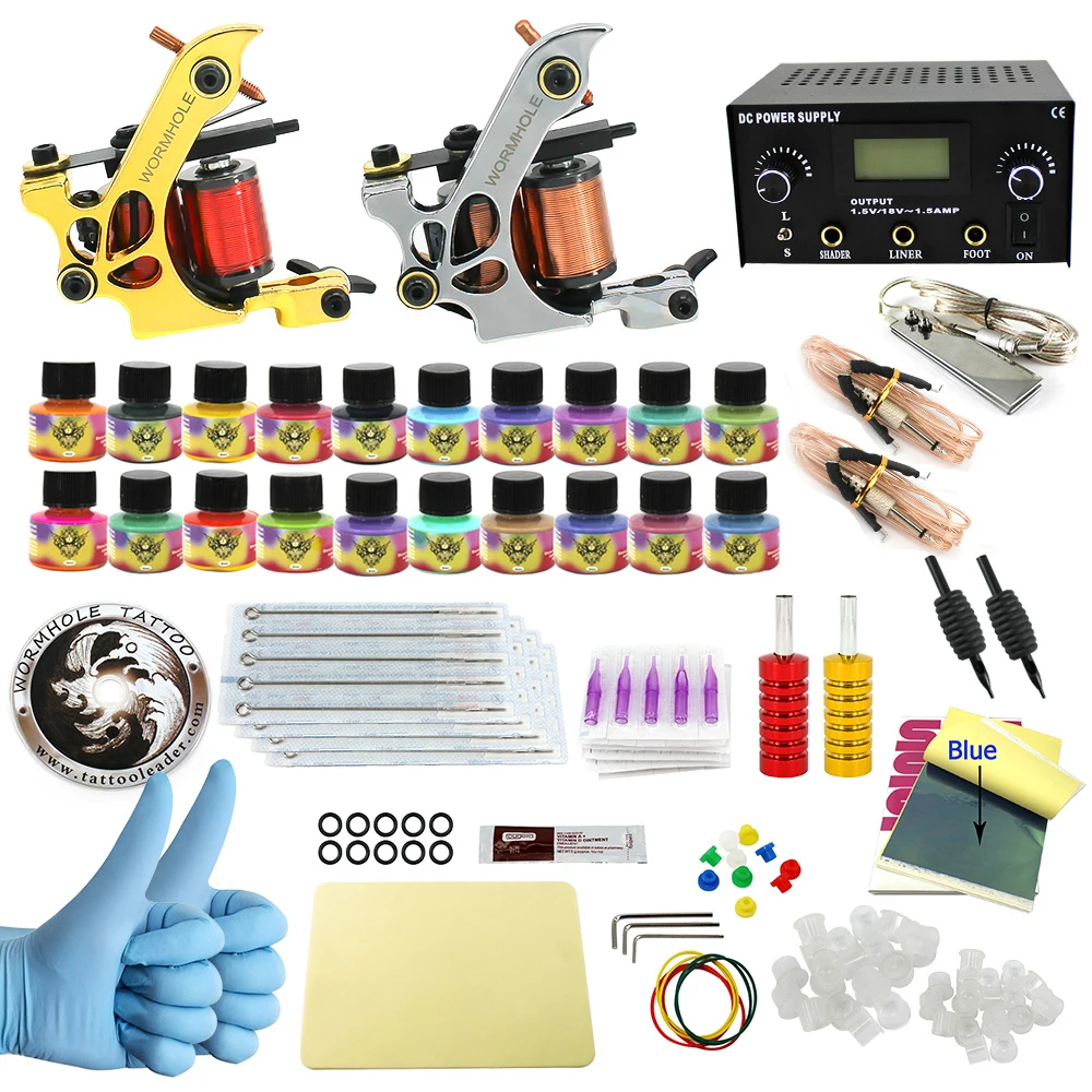WORMHOLE TATTOO Complete Starter Tattoo Kit 2 Machine Gun 20 Color Inks