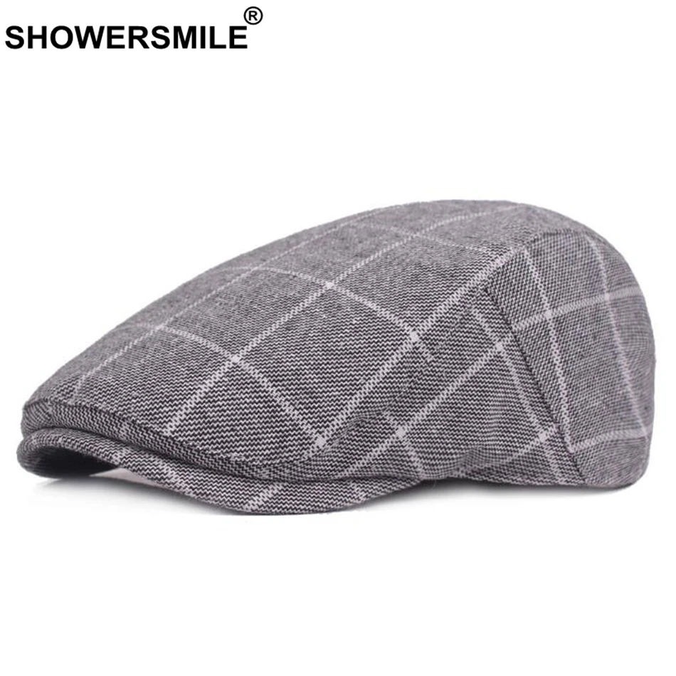 SHOWERSMILE Men's Blue Berets Plaid Adjustable Cotton Flat Cap Male Summer Autumn Classic England Breathable Duckbill Hat New mens berets for sale