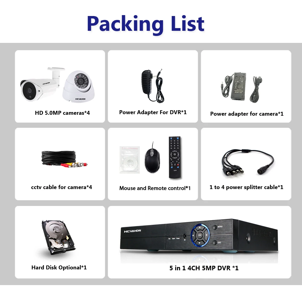HCVAHDN 5.0MP Security Camera System 5MP CCTV Surveillance Kit 4CH DVR 5MP Video Output Kit 40m Night Vision Camera HDMI 2TB HDD HCVAHDN 5.0MP Security Camera System 5MP CCTV Surveillance Kit 4CH DVR 5MP Video Output Kit 40m Night Vision Camera HDMI 2TB HDD