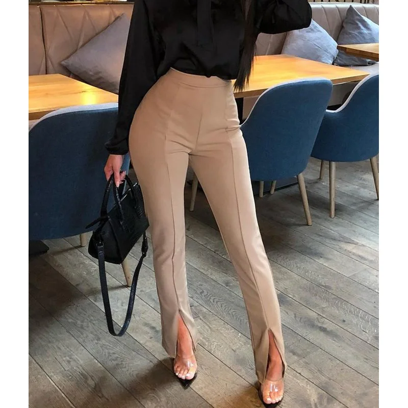 

Slim fit high waist pants women Solid color front split pants Elegant ladies Long Split Fitted Trousers workwear pantalon femme