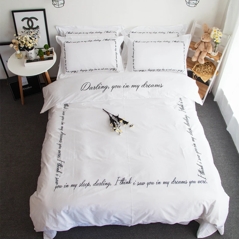 4pcs 100 Cotton 60s Satin Bed Linen Luxury White Duvet Cover Set With Black Words Embroidered Bedding Queen Size Duvet Cover Set Cover Setsatin Bed Linen Aliexpress