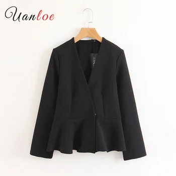 

Fashion Women Elegant V Neck Ruffled Black Jacket Coat Long Sleeve Coats Solid Ladies Casual Chic Outerwear Tops