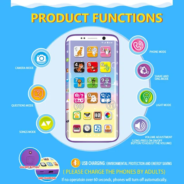 Kids Fake Smart Phone Toys WIth LED Educational English Music Simulation Learning USB Port Touching Screen for Child Baby Chrism 2
