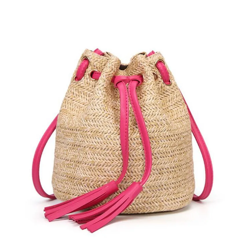 

2019 Handmade Cotton Holiday Beach Bags Weave Bamboo Bag Ladies Handbags Bucket Straw Bags Crossbody Women's Shoulder Bag Bolsa