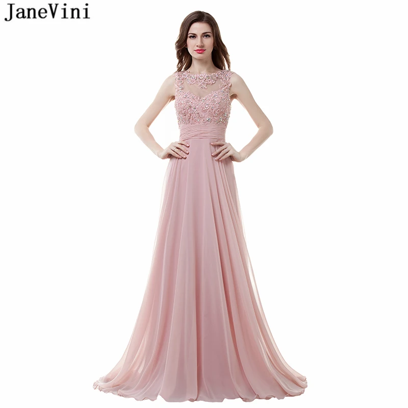 JaneVini элегантный бледно-розовый шифон Длинные подружкам невесты трапециевидной формы аппликации бисером спинки пол длина для женщин