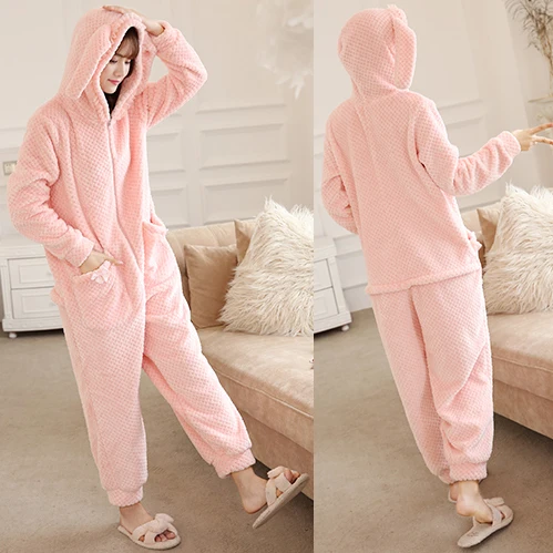 

Flannel Pajamas Women's Winter Cartoon Korean Students Zippers Rabbit Elderly Adult Lovely Home Service Thicker Pajamas