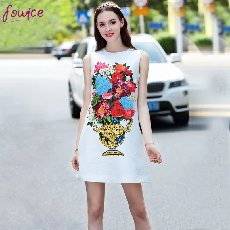 Buy Cheap Fowice 2017 Spring Summer Women Vase Print Flowers Beading Sequins Mini Tank Dress New Elegant Sleeveless White Cute Dress