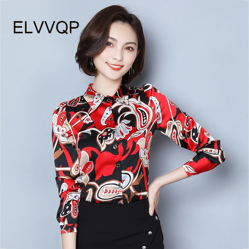 

2018 spring and autumn new women's fashion Slim lapel shirt casual Chiffon printing long-sleeved Tpos female LF112