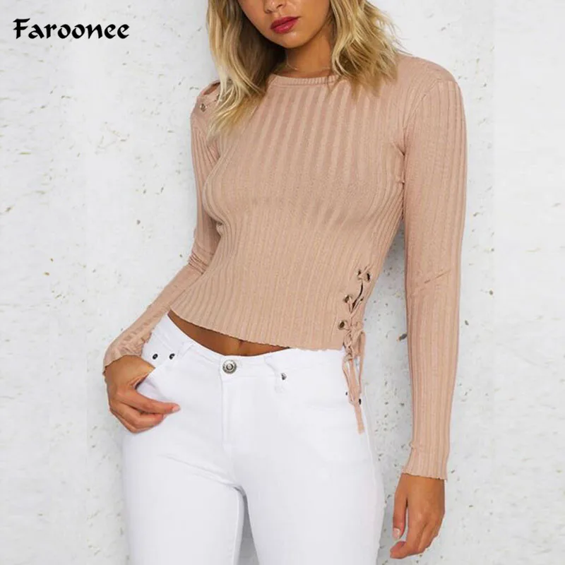 

Faroonee Long Sleeve Knitted T-Shirts Women Ladies Spring Autumn Shoulder Lace Up Slim Crop T Shirt Female Tee Tops 6Q1436
