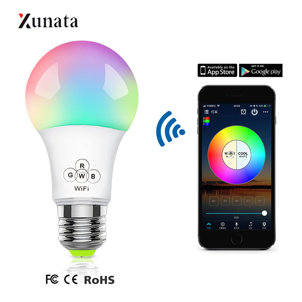 

XUNATA WiFi Smart Light Bulb Dimmable Multicolor E27 B22 LED Lamp Works with Alexa Google Assistant APP Remote and Voice Control