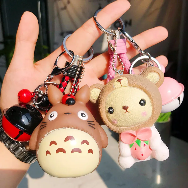 

Cute Totoro unicorn Leather rope Bell Keychain Car Pendant Key Chains Keyring Women Bag girl Charm Porte Clef Trinkets