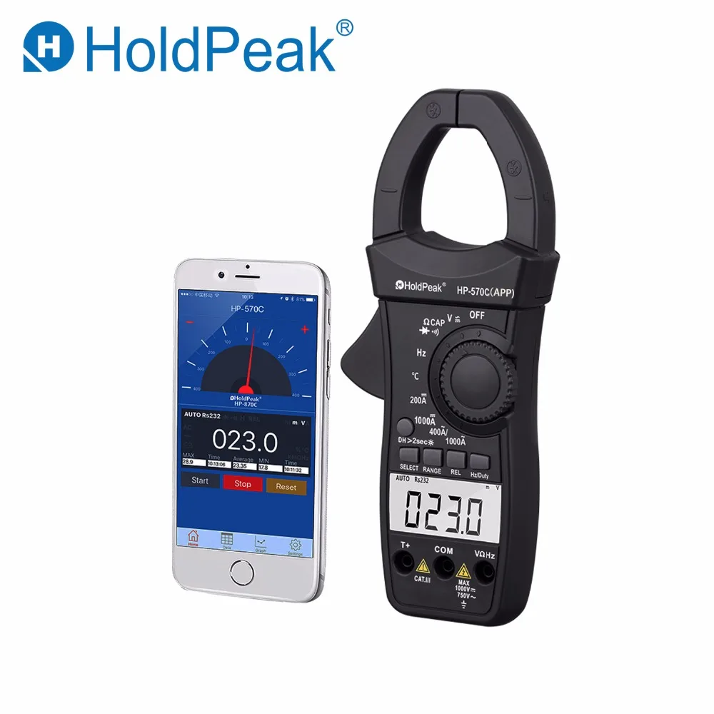HoldPeak цифровой клещи HP 570C APP 1000A AC/DC тока Напряжение емкость Температура мультиметр