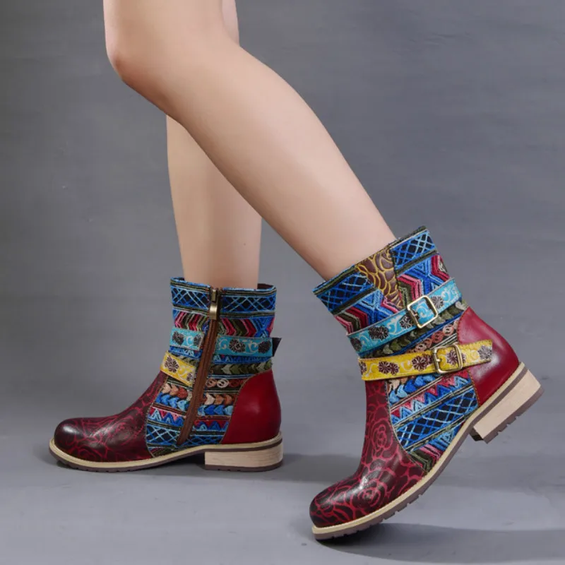 

Women Leather Martin Boots Plus Size Low Heels Winter Women Shoes Embroidery Ankle Boots 2019 Handade Retro Knight Boots 42 Sale
