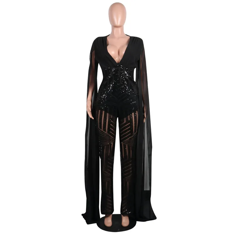 Сексуальный глубокий V комбинезон с блестками для женщин спинки вечерние Клубные облегающие комбинезоны новейший сетчатый боди с длинным рукавом Femme - Цвет: black jumsuit