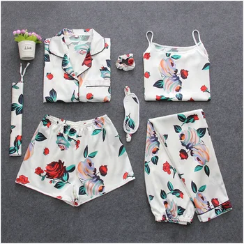

fashion 7 Pieces Womens Sleepwear Pajamas Sets Satin Silk 2019 autumn Pyjamas Set Pijama home Suit Female Sleep Loungewear
