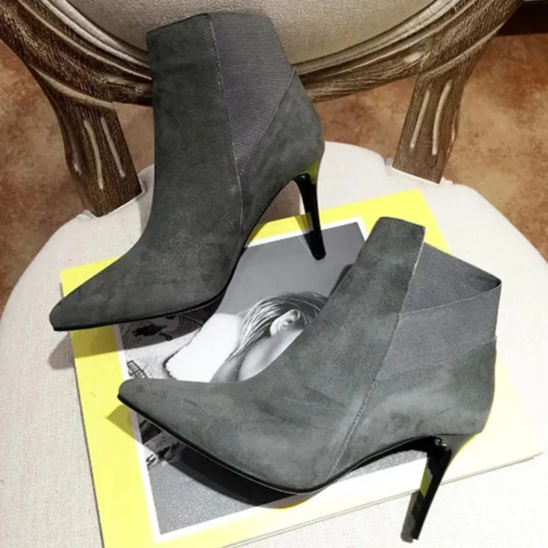 New 2017 Sexy High Heel Boots Gray Suede Ankle Booties Shoes Luxury designer Boots European Brand Designer Elastic brand Boots