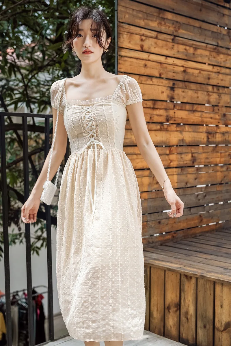 new fashion women's dresses Apricot lace short-sleeved dress French retro