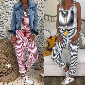 

2019 Fashion New Women Overalls Red Black Striped Drawstring High Waist Overalls Loose Casual Ankle-Length Pants Summer Beach