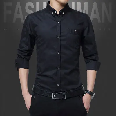 MIACAWOR, Прямая поставка, осенние мужские рубашки, хлопок, с длинным рукавом, повседневные рубашки, облегающие, соц. рубашки, мужская одежда размера плюс, 5XL, C371 - Цвет: Черный